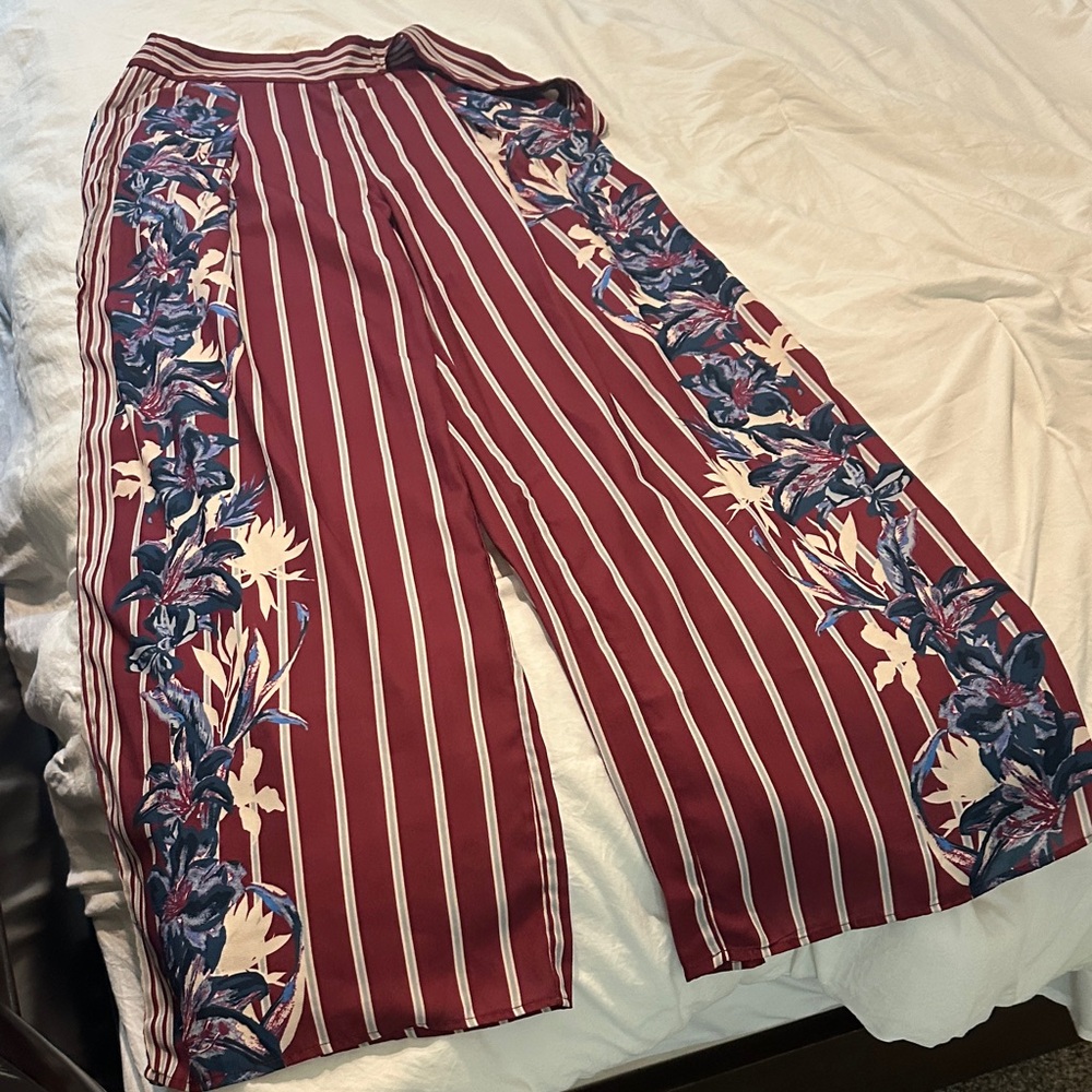 Jealous Tomato Burgundy Floral Wide-Leg Pants